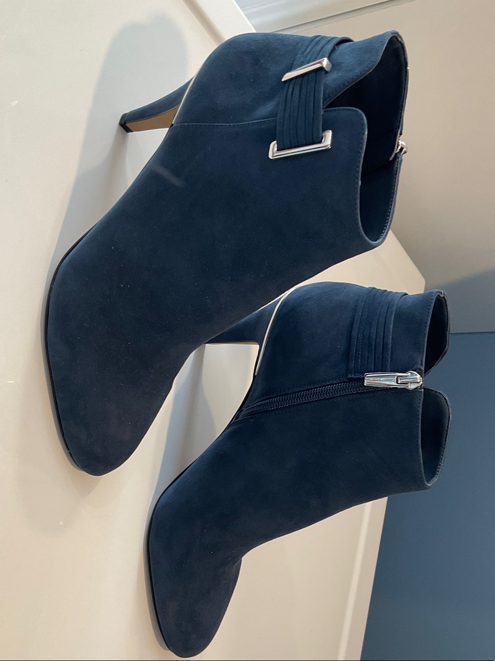 Vince Camuto Navy Suede Ankle Booties with Side Zip and Buckle